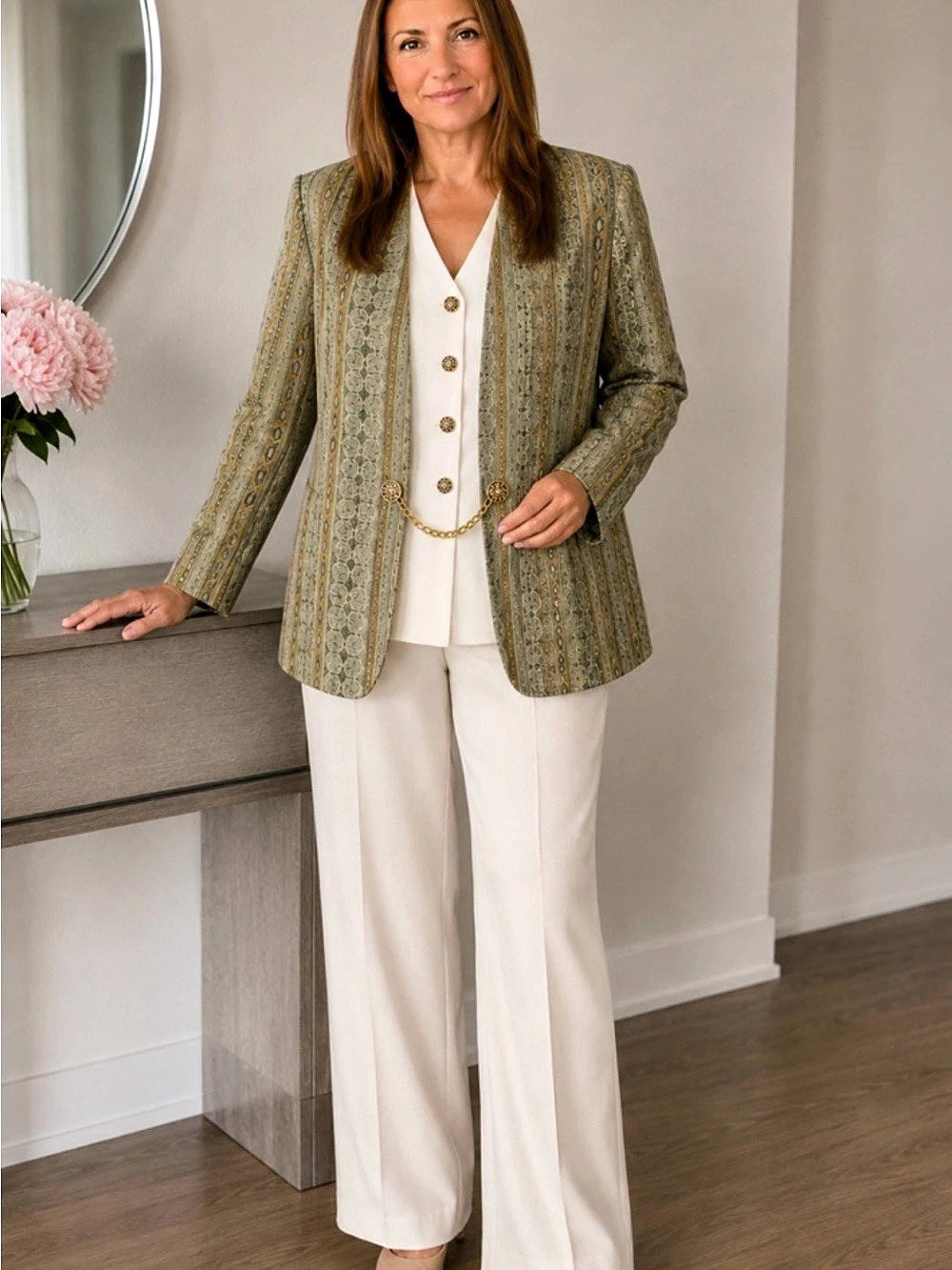 Pride & Joy 2 Piece Set Jacquard Blazer Green & Cream Size 16P Like New